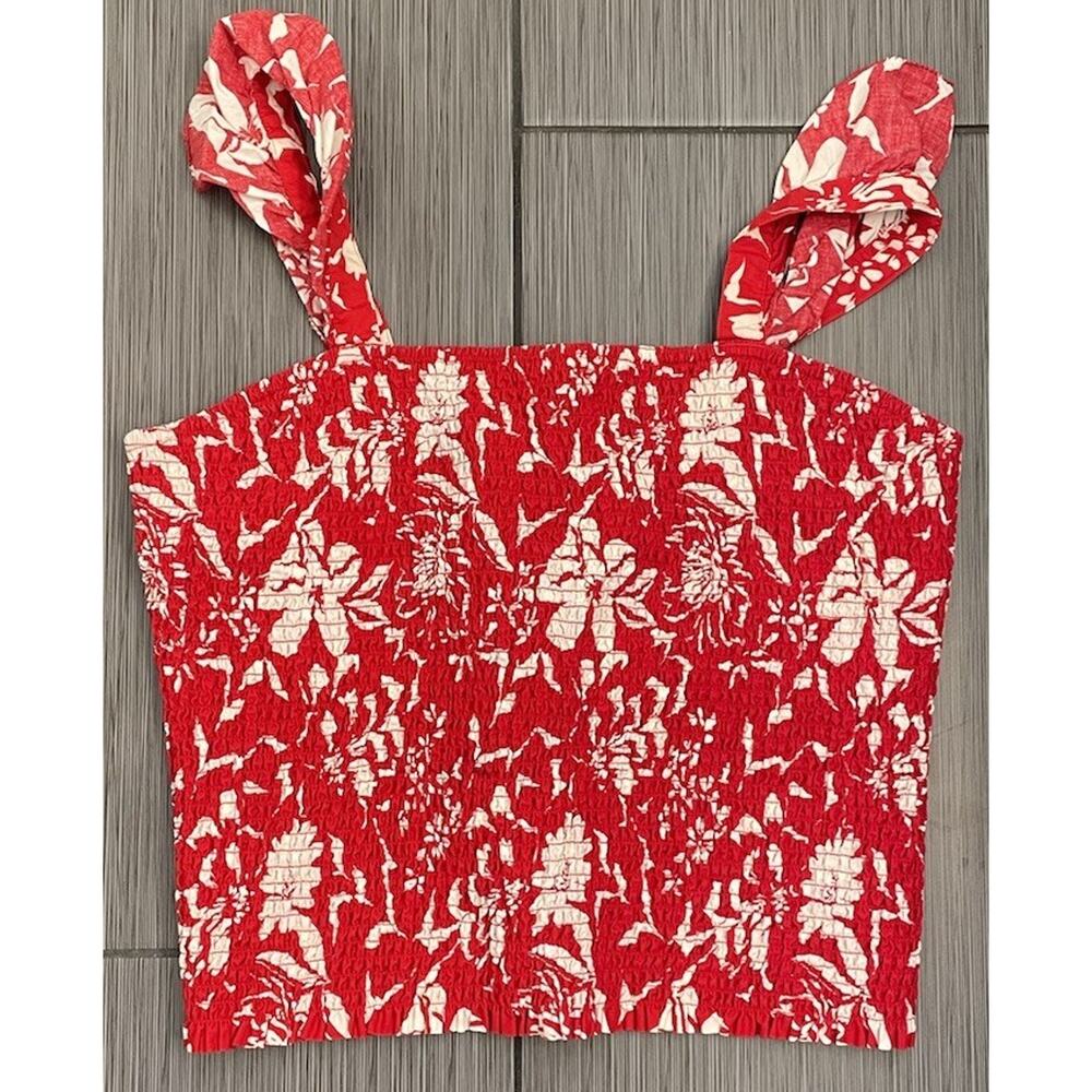 Old Navy Red Floral Ruffle Trim Smocked Square Neck Blouse Top Size XL Cotton